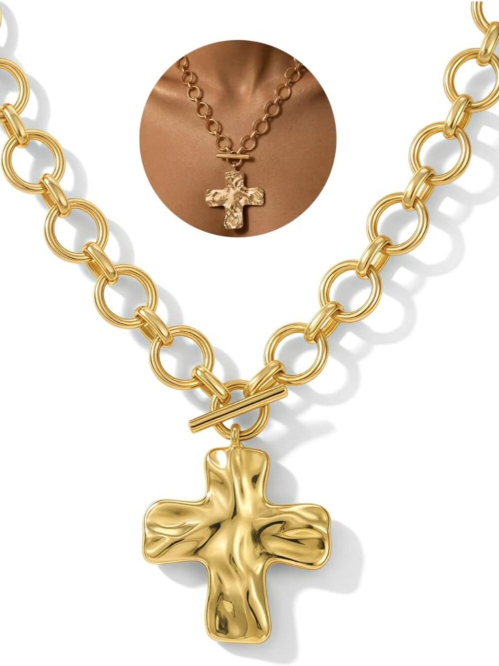 Chunky Cross Necklace for Women, Gold Toggle Chain Statement Necklace with Hamme